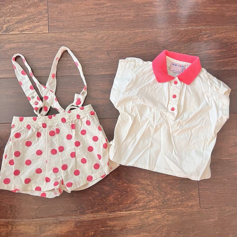 VTG New York Kids girl 24m set Top & shorts w pink polka dots suspender straps